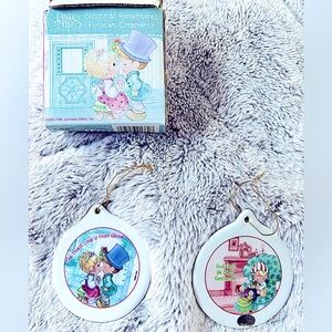 Set of 2 Enesco Precious Moments Vintage 2001 Flat Porcelain Christmas Ornaments
